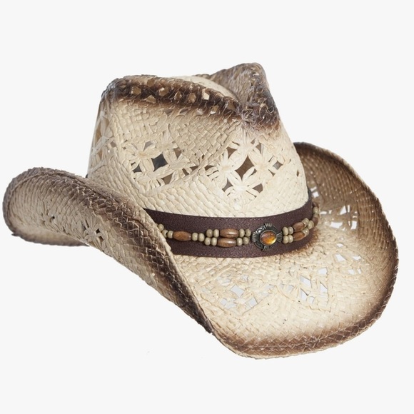 Cowboy cowgirl Cream white with Brown Straw Cowboy Hat with embellished band - Picture 1 of 4